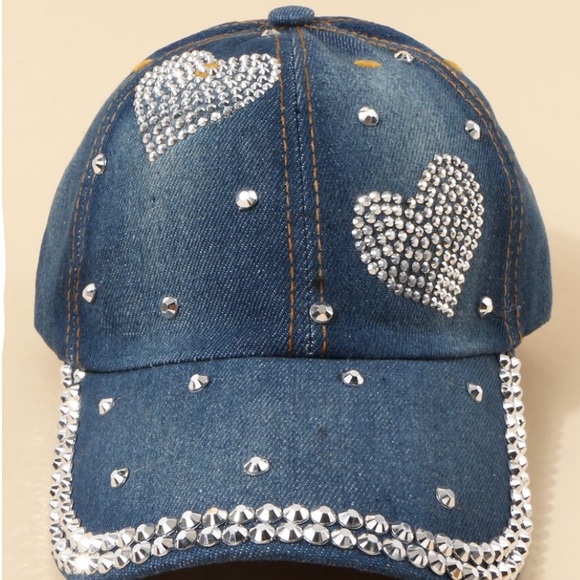Jeweled  Denim Heart Rhinestone Embellished Baseball Cap - Picture 2 of 5